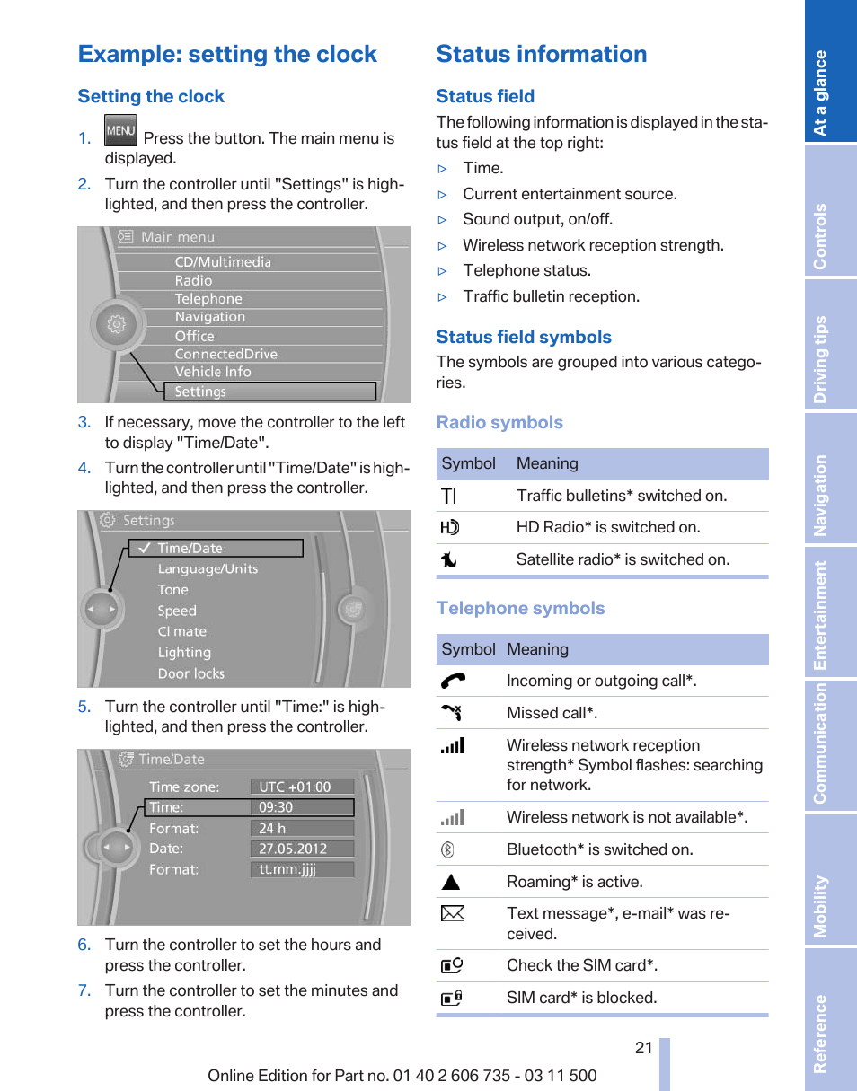 Example: setting the clock, Status information | BMW 2012 X6M User Manual | Page 21 / 317