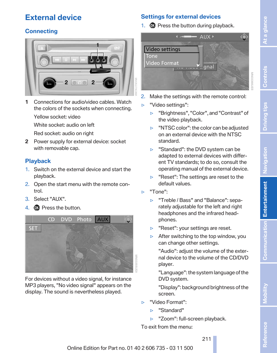 External device | BMW 2012 X6M User Manual | Page 211 / 317