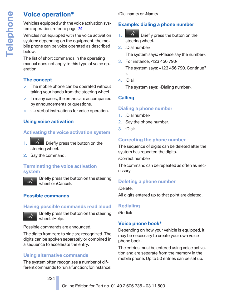 Voice operation, Telephone | BMW 2012 X6M User Manual | Page 224 / 317