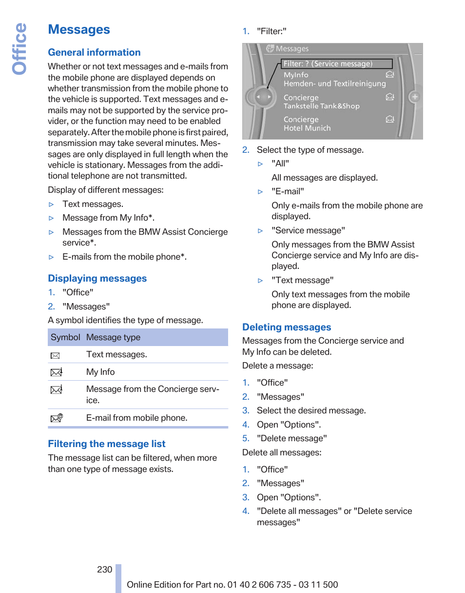 Messages, Office | BMW 2012 X6M User Manual | Page 230 / 317