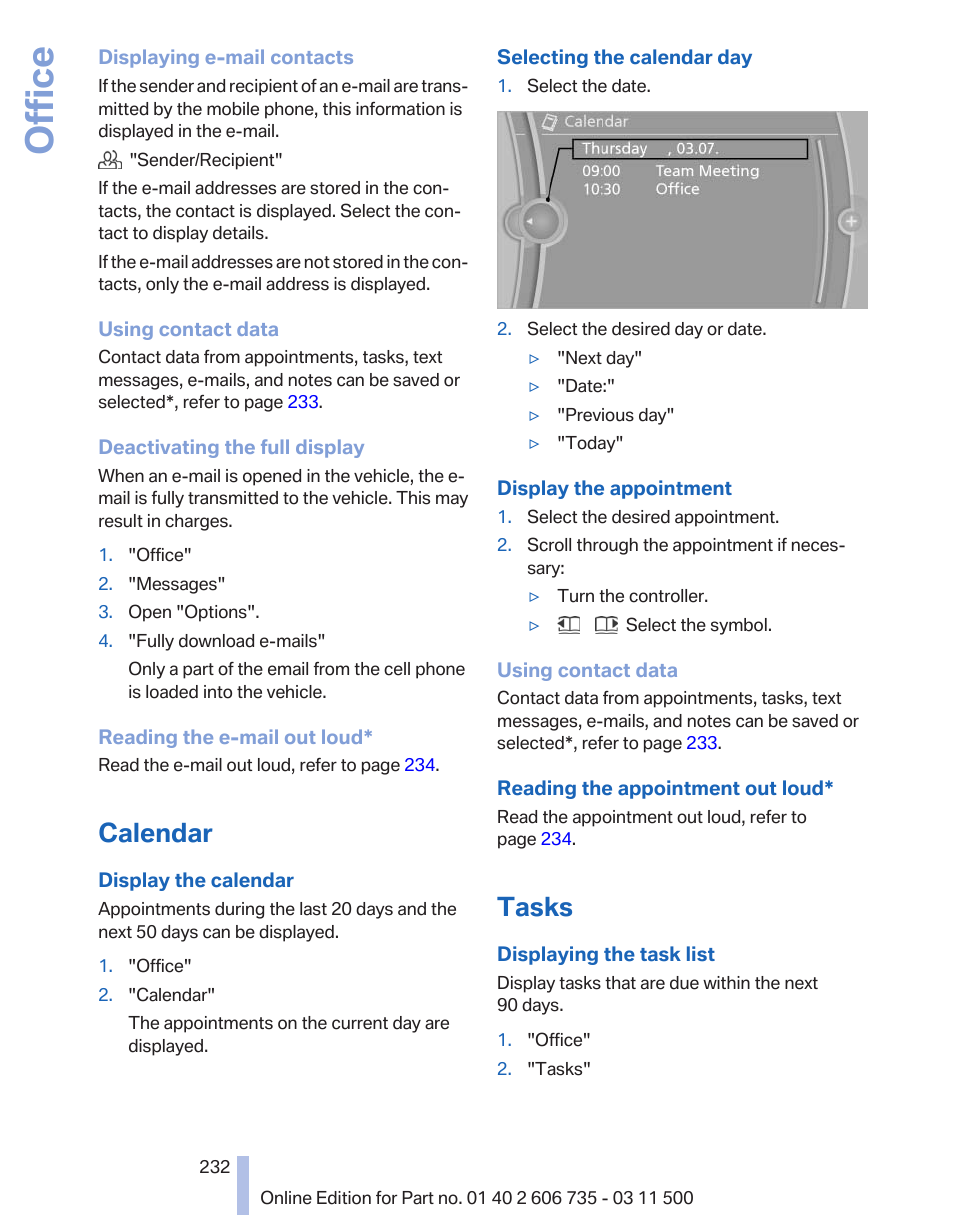 Calendar, Tasks, Office | BMW 2012 X6M User Manual | Page 232 / 317