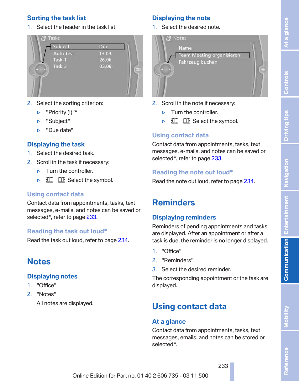 Notes, Reminders, Using contact data | BMW 2012 X6M User Manual | Page 233 / 317