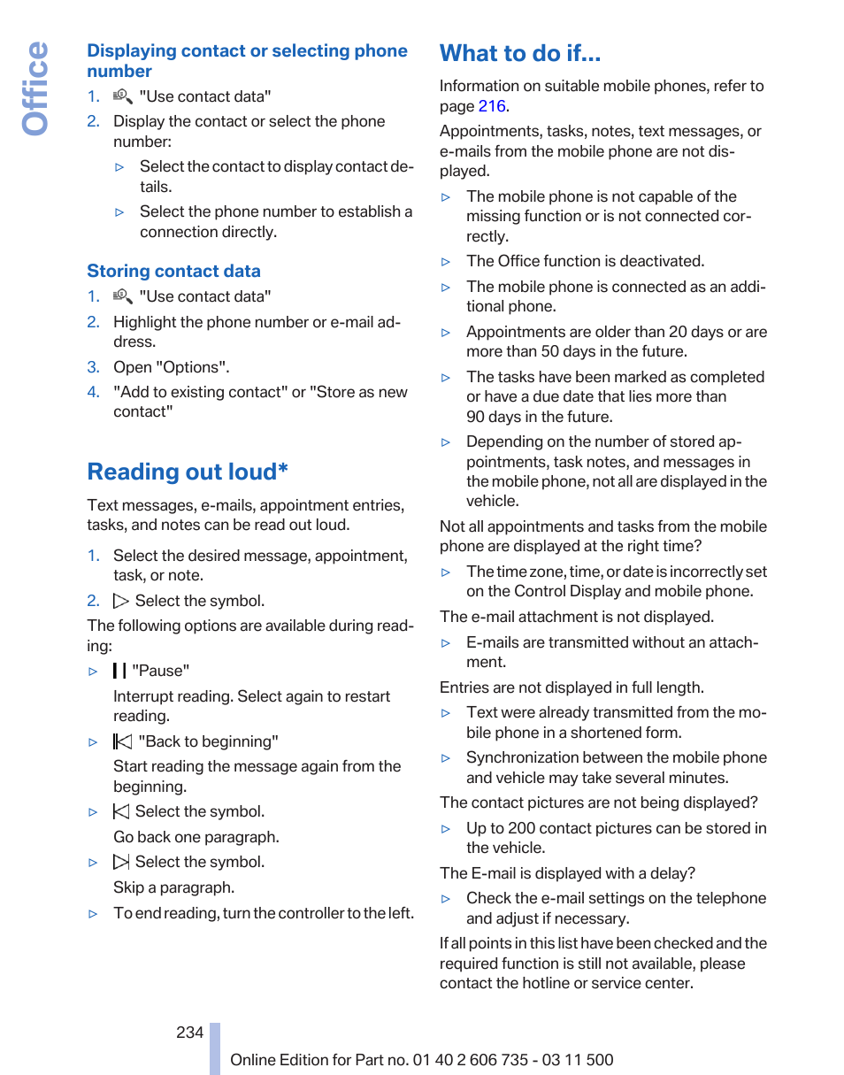 Reading out loud, What to do if, Office | BMW 2012 X6M User Manual | Page 234 / 317