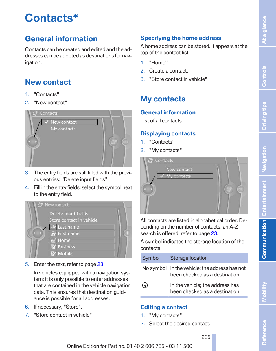 Contacts, General information, New contact | My contacts | BMW 2012 X6M User Manual | Page 235 / 317