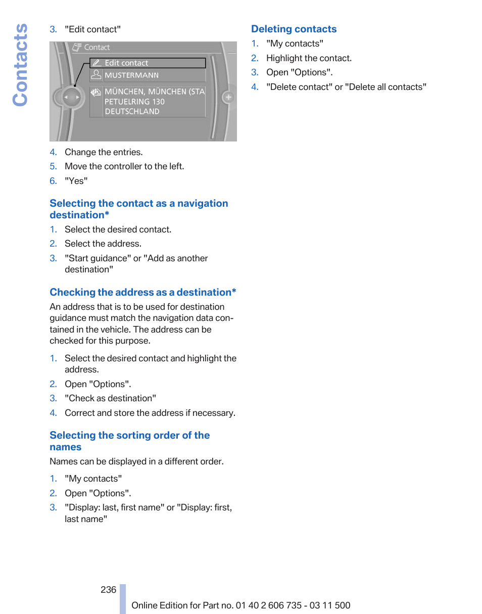 Contacts | BMW 2012 X6M User Manual | Page 236 / 317