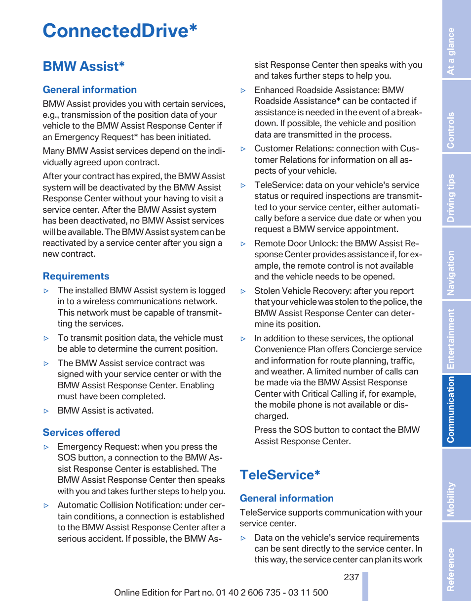 Connecteddrive, Bmw assist, Teleservice | BMW 2012 X6M User Manual | Page 237 / 317