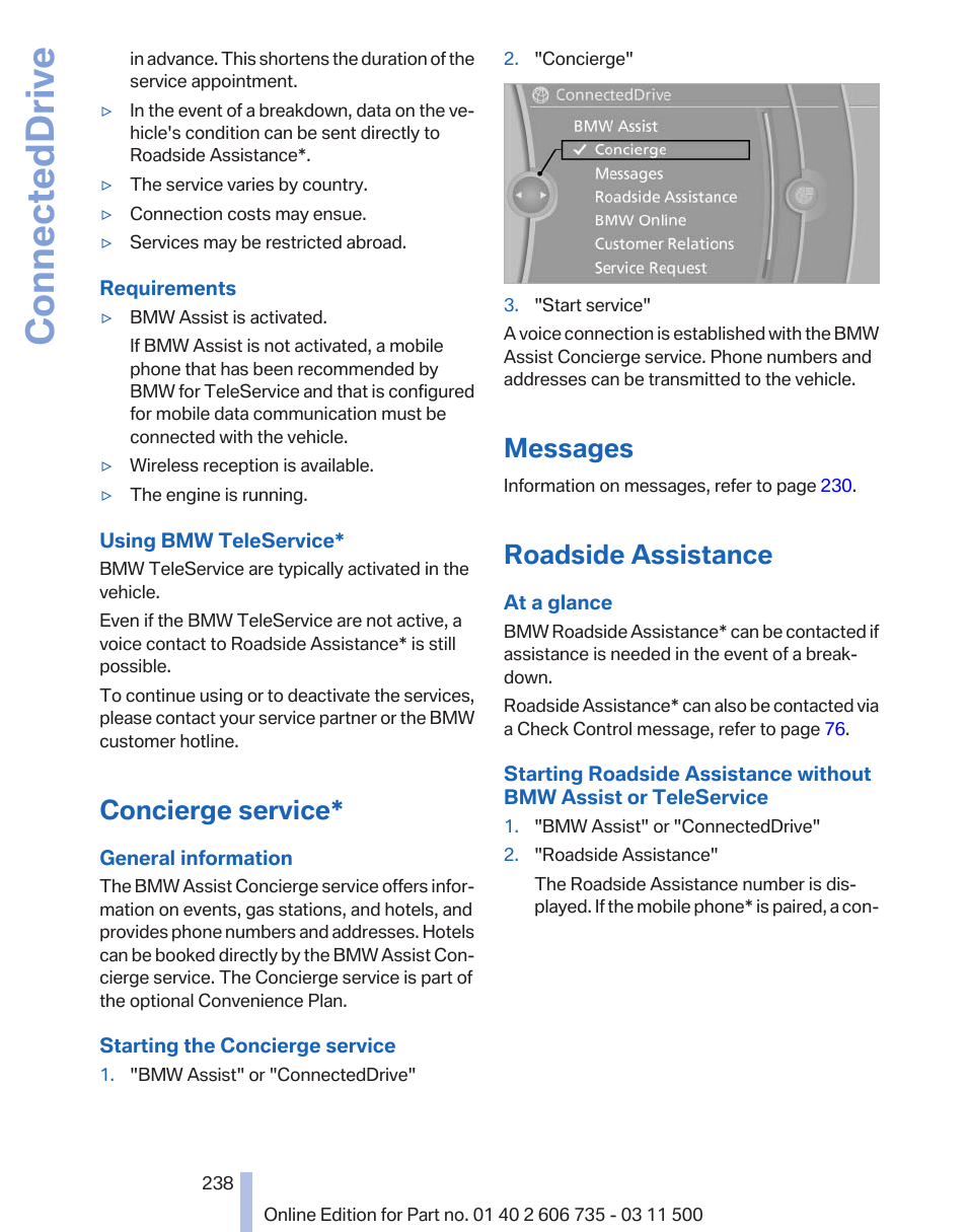 Concierge service, Messages, Roadside assistance | Connecteddrive | BMW 2012 X6M User Manual | Page 238 / 317