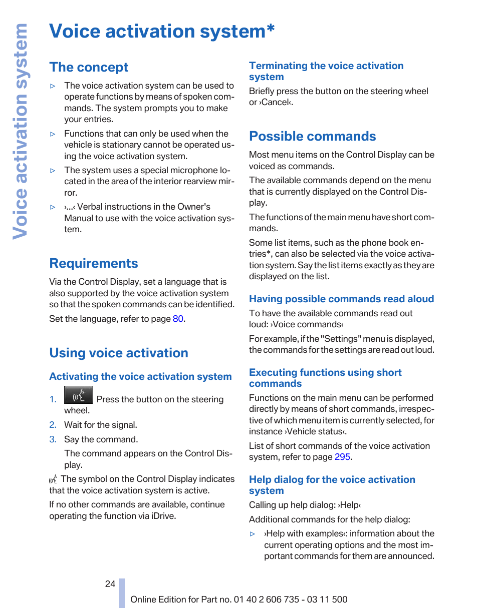 Voice activation system, The concept, Requirements | Using voice activation, Possible commands, Vation system | BMW 2012 X6M User Manual | Page 24 / 317