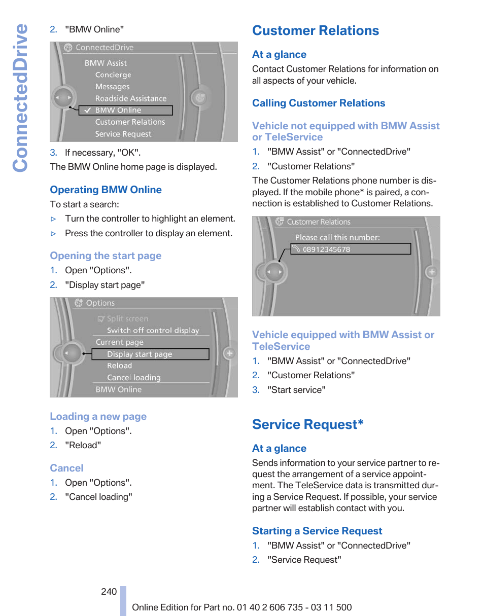 Customer relations, Service request, Connecteddrive | BMW 2012 X6M User Manual | Page 240 / 317