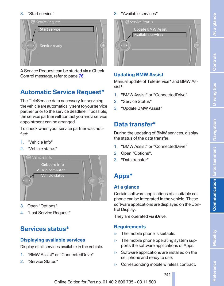 Automatic service request, Services status, Data transfer | Apps | BMW 2012 X6M User Manual | Page 241 / 317