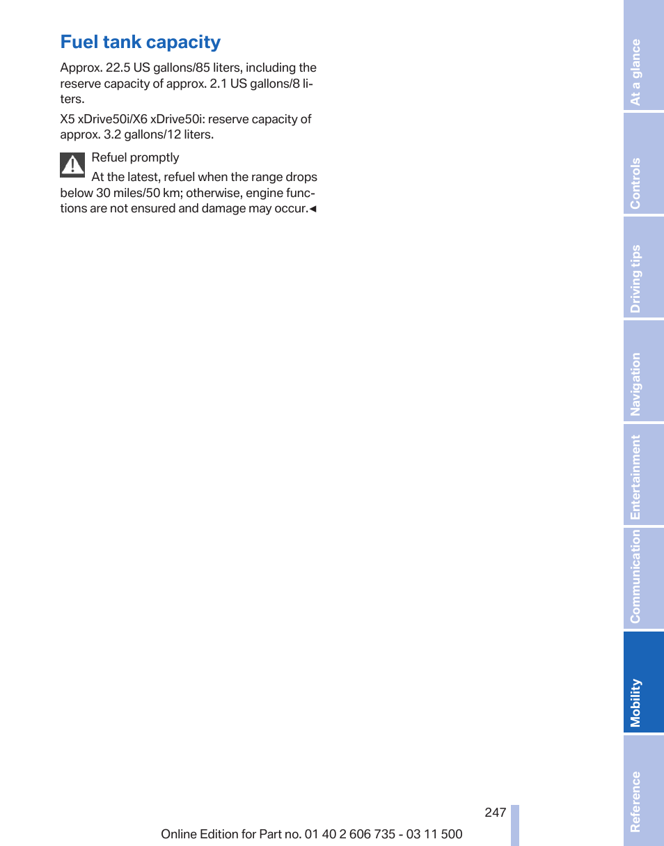 Fuel tank capacity | BMW 2012 X6M User Manual | Page 247 / 317