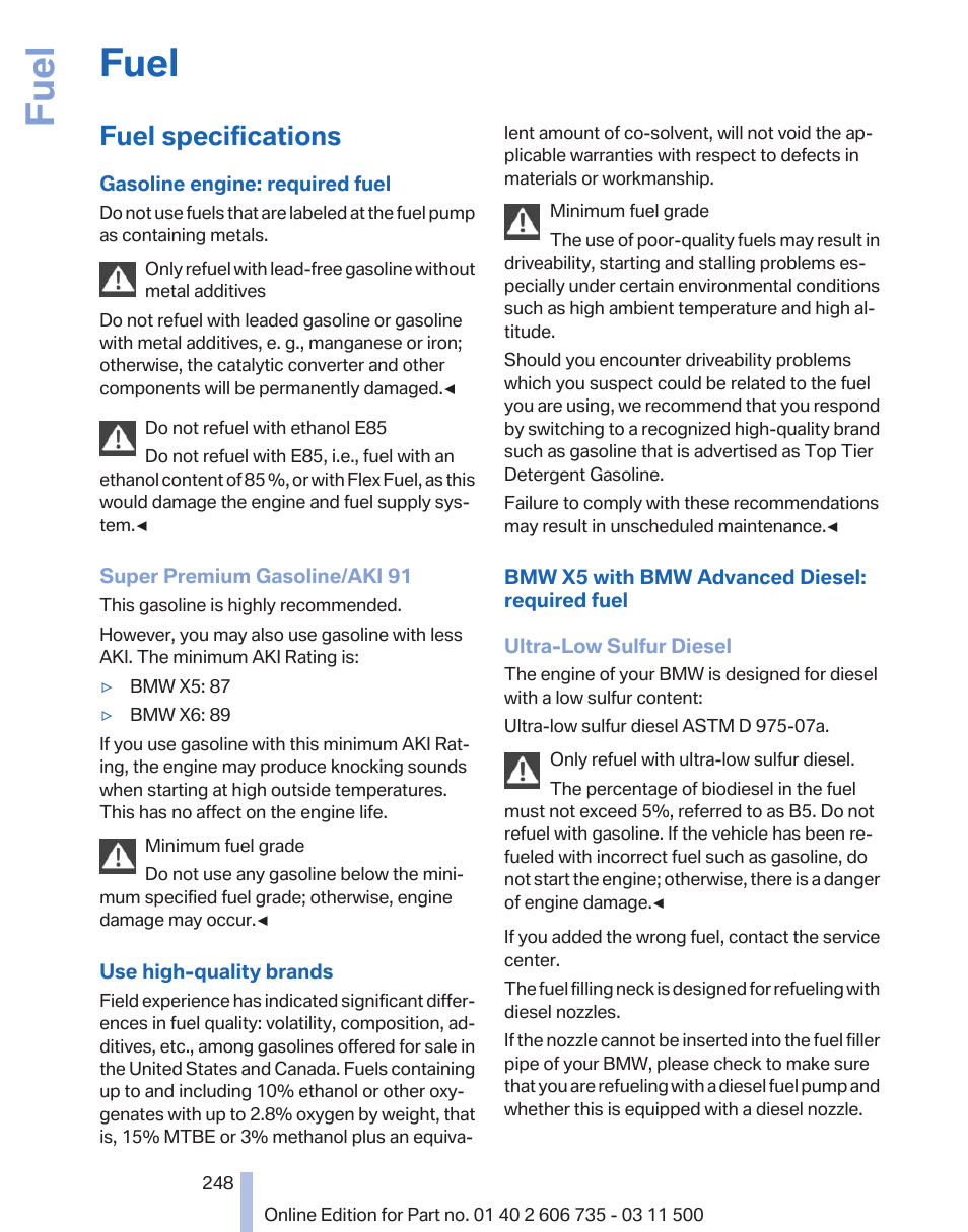 Fuel, Fuel specifications | BMW 2012 X6M User Manual | Page 248 / 317