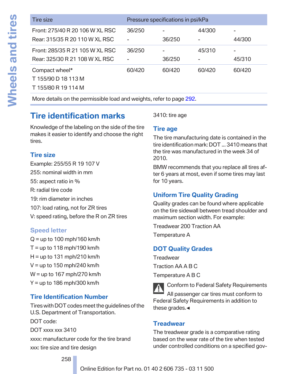 Tire identification marks, Wheels and tires | BMW 2012 X6M User Manual | Page 258 / 317