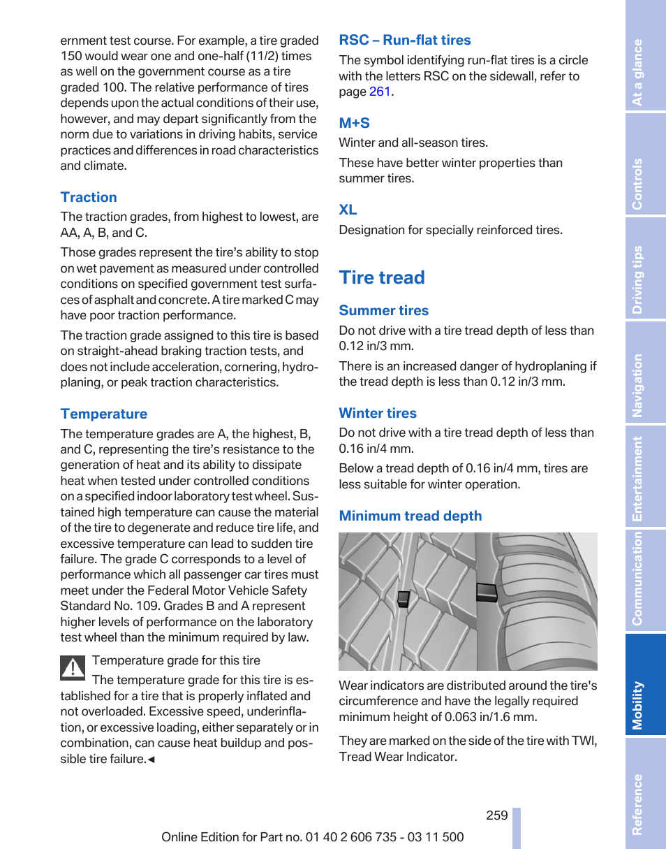 Tire tread | BMW 2012 X6M User Manual | Page 259 / 317