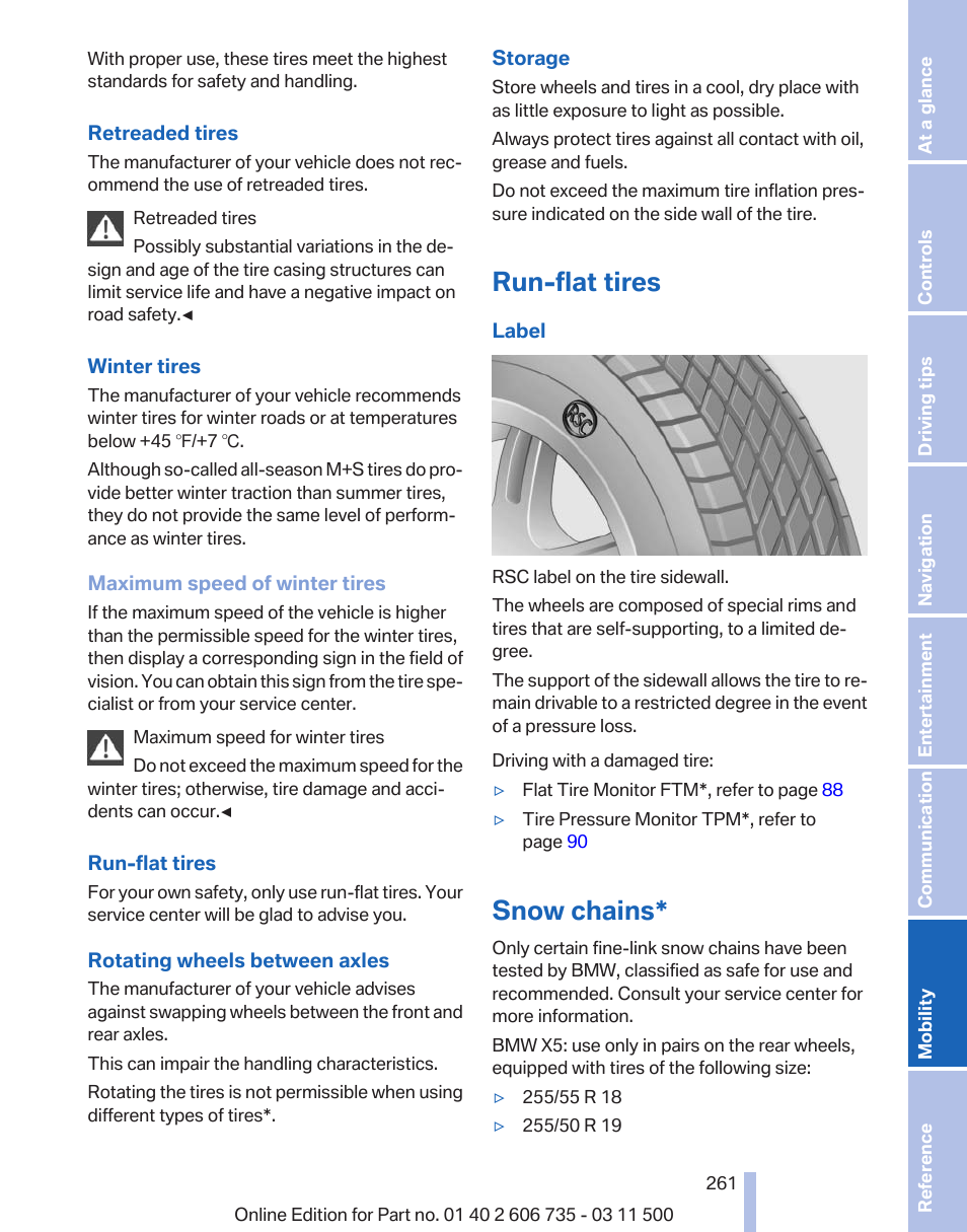 Run-flat tires, Snow chains | BMW 2012 X6M User Manual | Page 261 / 317