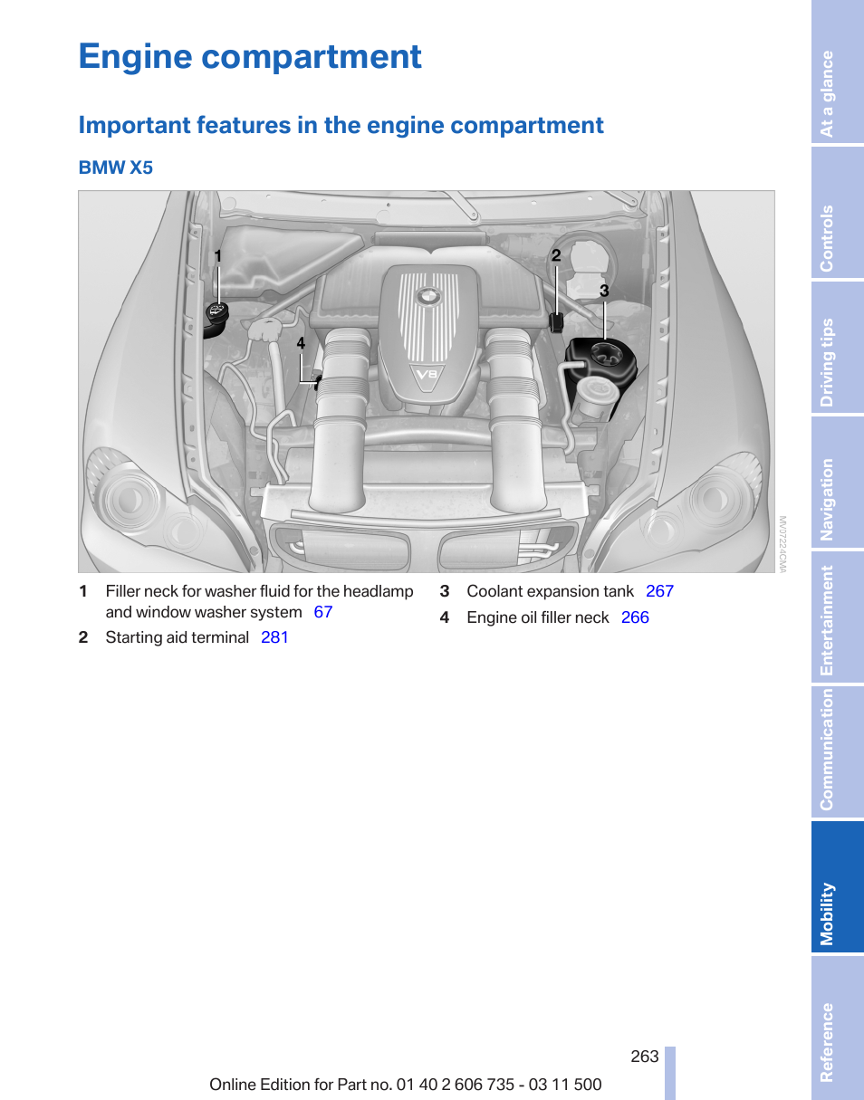 Engine compartment, Important features in the engine compartment | BMW 2012 X6M User Manual | Page 263 / 317