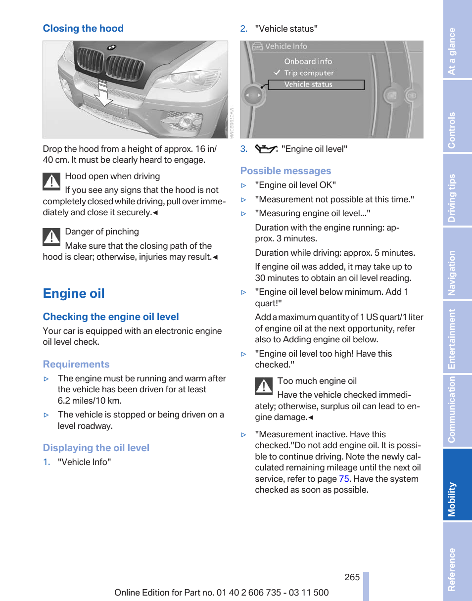 Engine oil | BMW 2012 X6M User Manual | Page 265 / 317