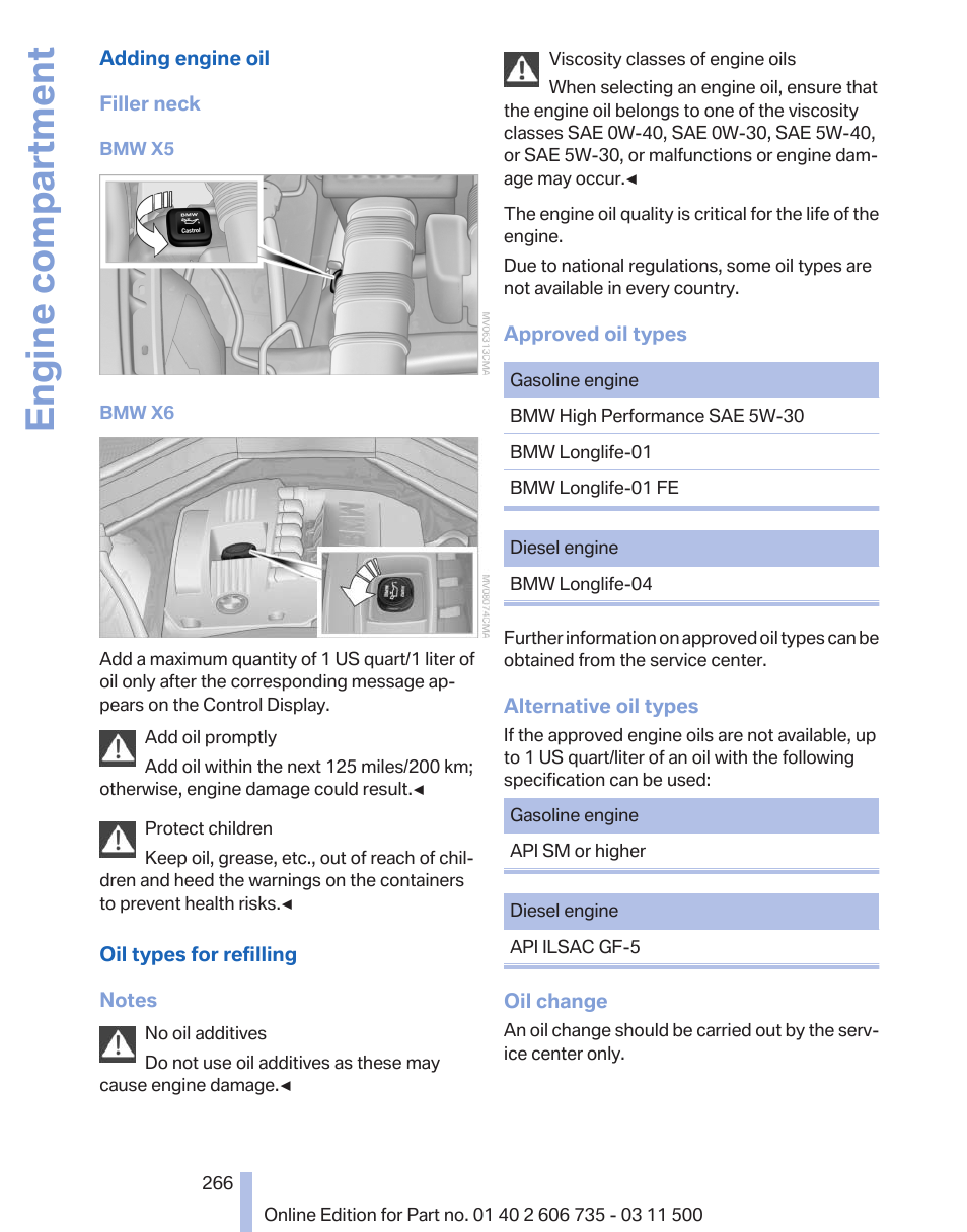 Engine oil filler neck, Engine compartment | BMW 2012 X6M User Manual | Page 266 / 317