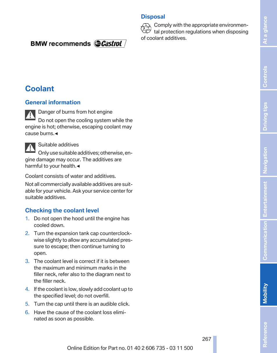 Coolant, Coolant expansion tank | BMW 2012 X6M User Manual | Page 267 / 317