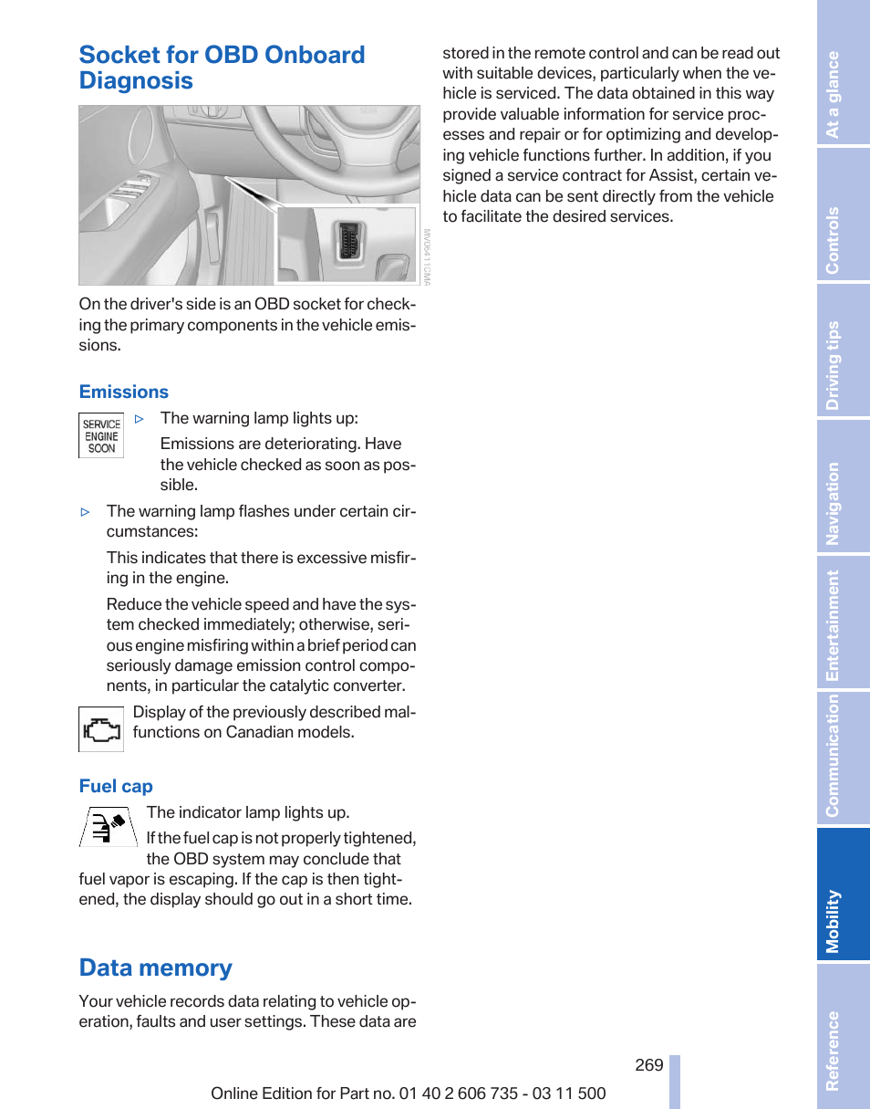 Socket for obd onboard diagnosis, Data memory | BMW 2012 X6M User Manual | Page 269 / 317