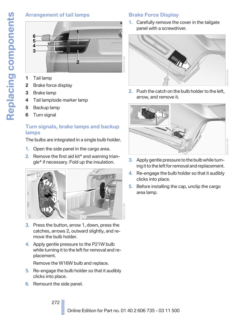 Replacing components | BMW 2012 X6M User Manual | Page 272 / 317