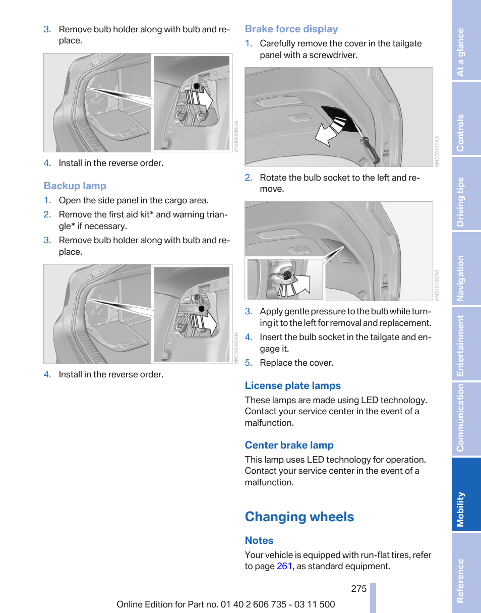 Changing wheels | BMW 2012 X6M User Manual | Page 275 / 317