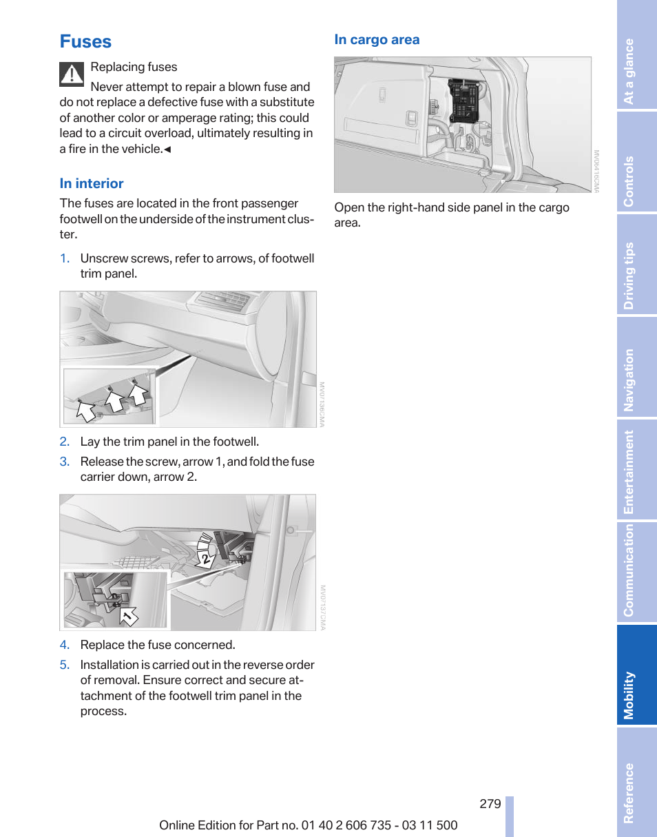 Fuses | BMW 2012 X6M User Manual | Page 279 / 317