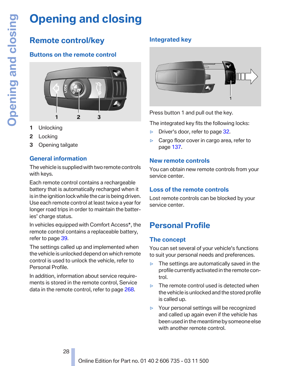 Opening and closing, Remote control/key, Personal profile | BMW 2012 X6M User Manual | Page 28 / 317