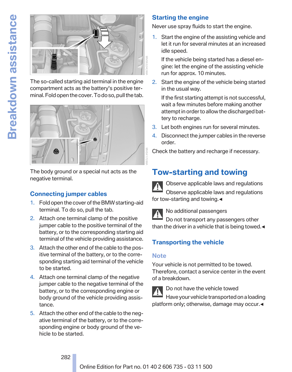 Tow-starting and towing, Breakdown assistance | BMW 2012 X6M User Manual | Page 282 / 317