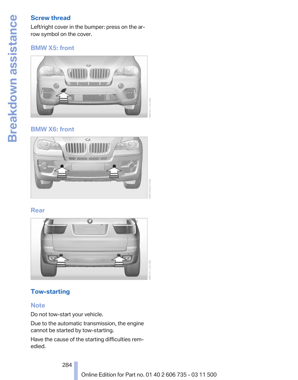 Breakdown assistance | BMW 2012 X6M User Manual | Page 284 / 317