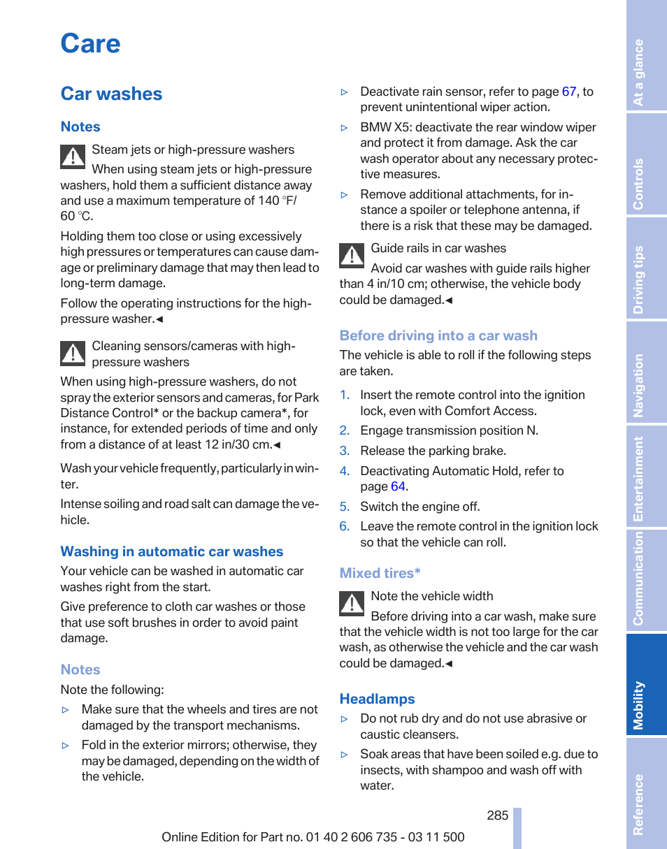 Care, Car washes | BMW 2012 X6M User Manual | Page 285 / 317