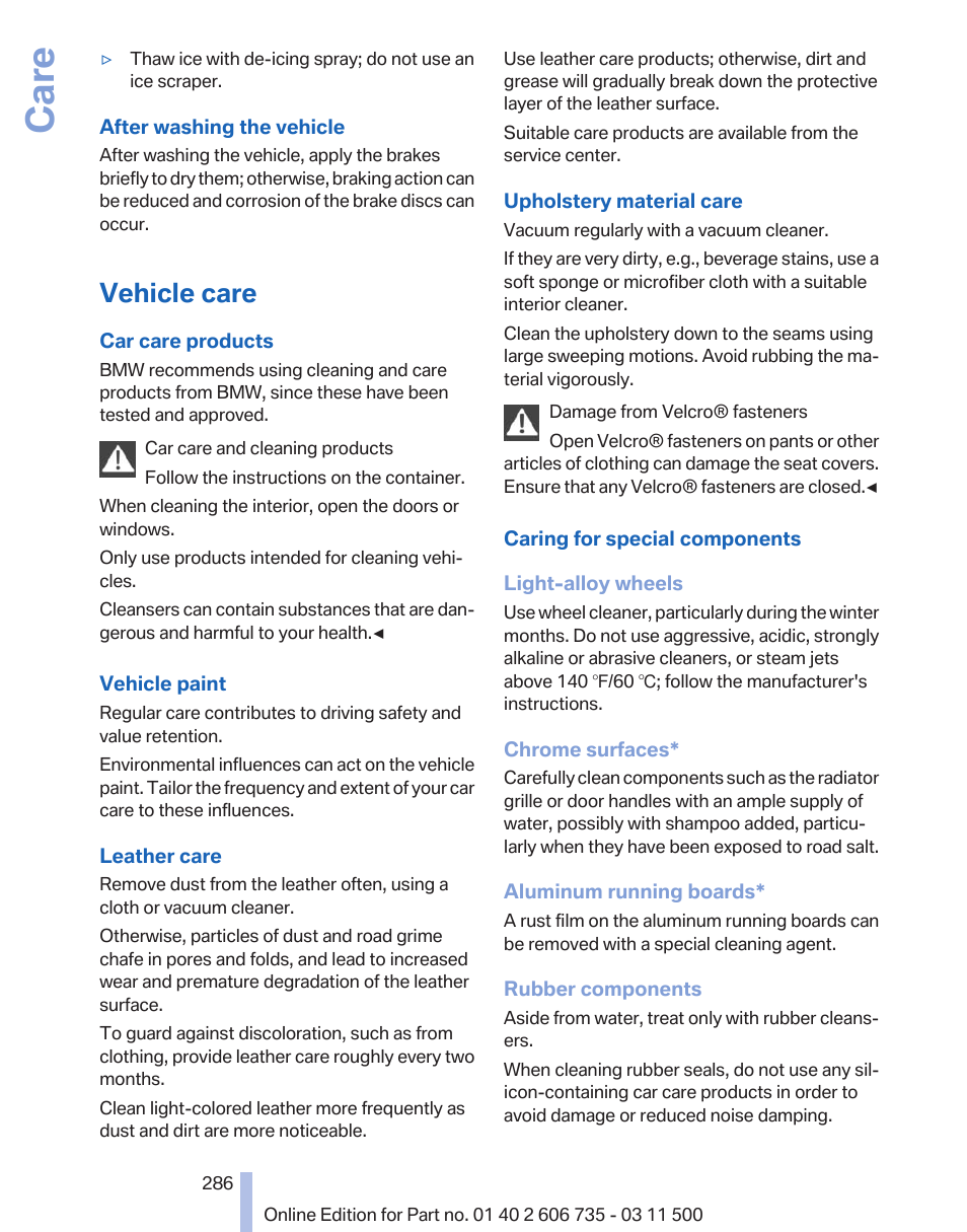 Vehicle care, Care | BMW 2012 X6M User Manual | Page 286 / 317