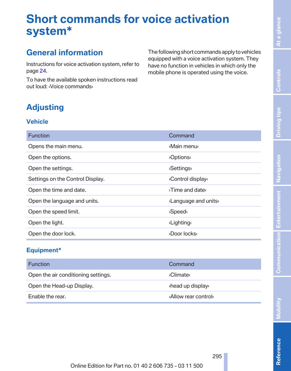 Short commands for voice activation system, General information, Adjusting | BMW 2012 X6M User Manual | Page 295 / 317