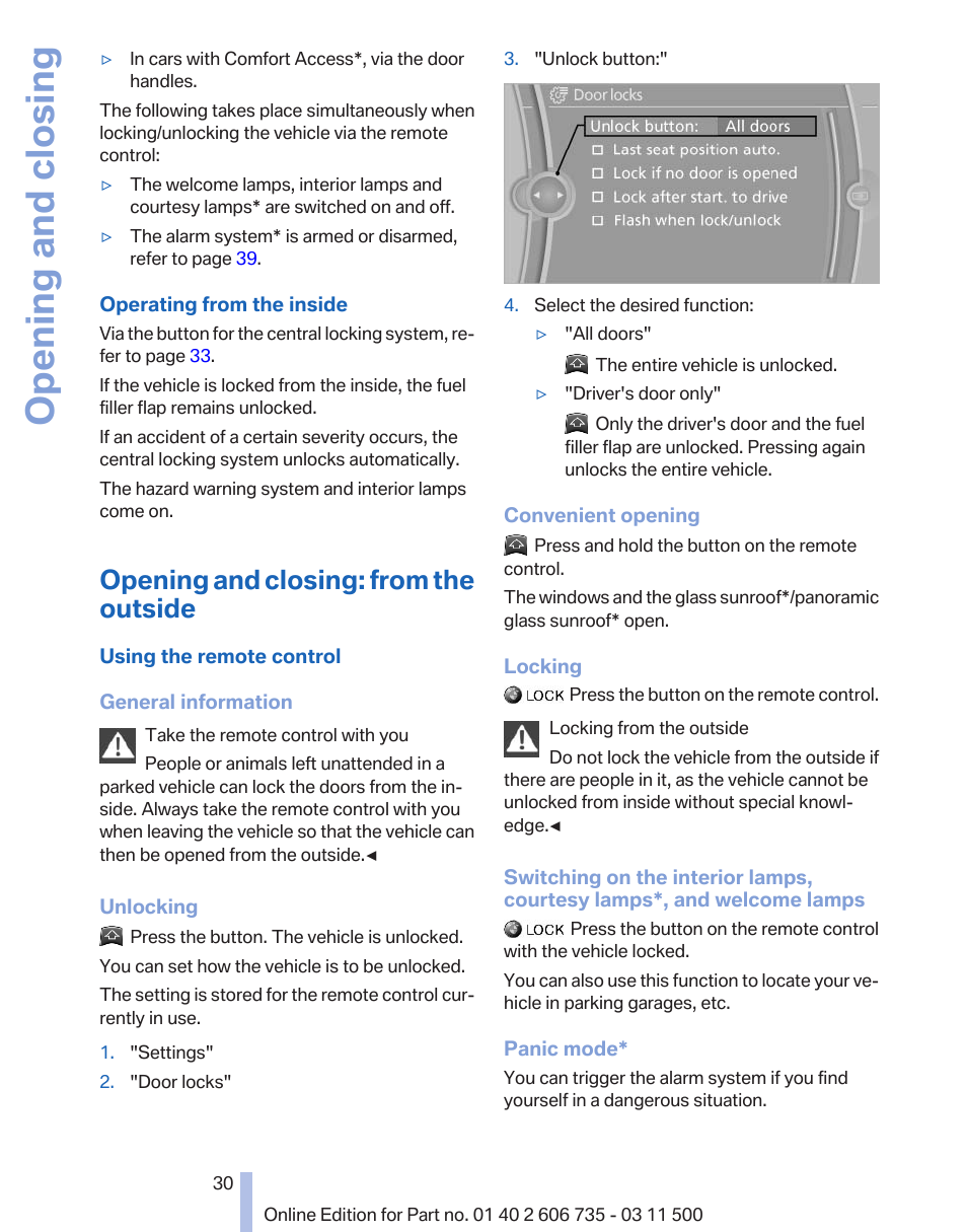 Opening and closing: from the outside, Opening and closing | BMW 2012 X6M User Manual | Page 30 / 317