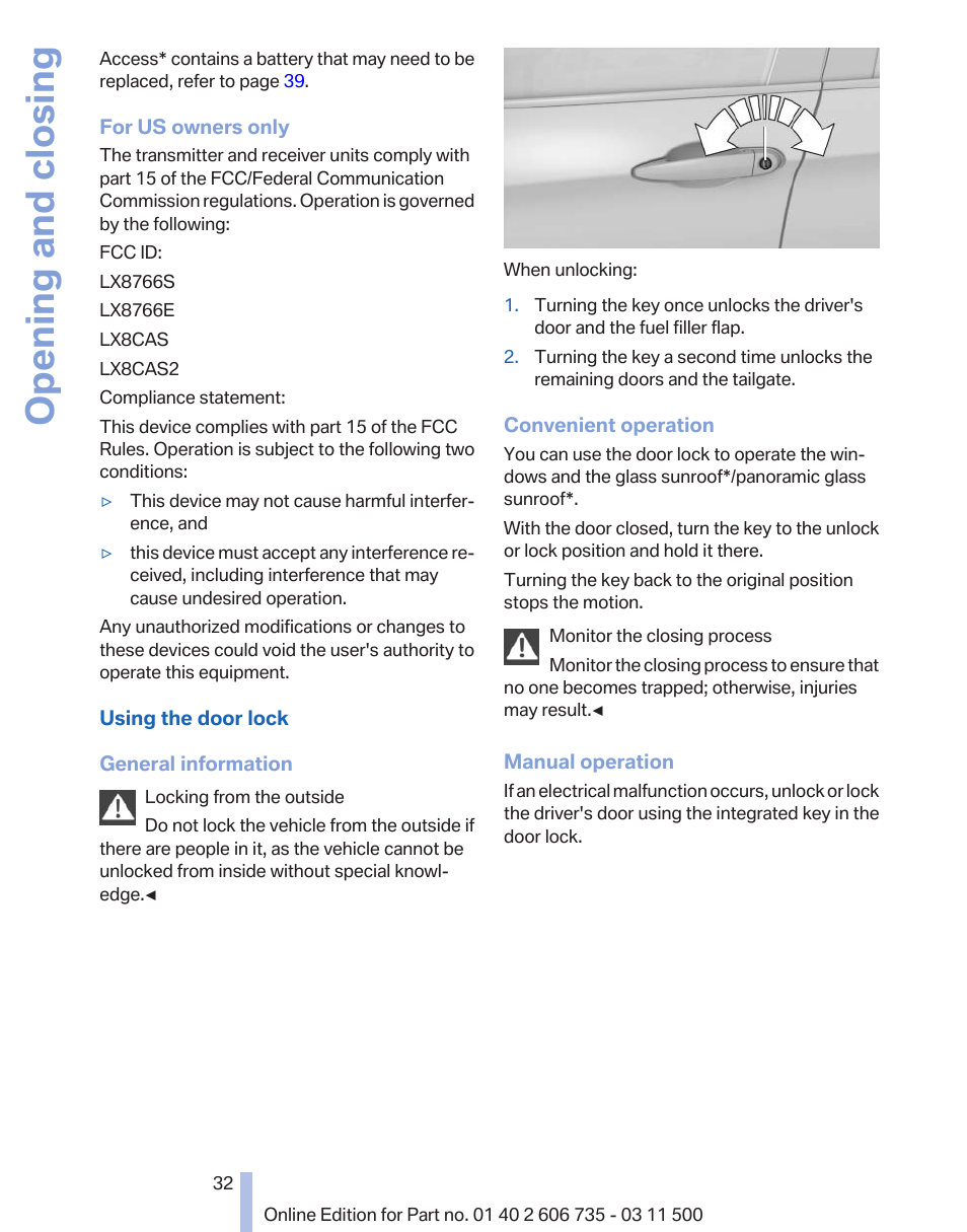 Opening and closing | BMW 2012 X6M User Manual | Page 32 / 317