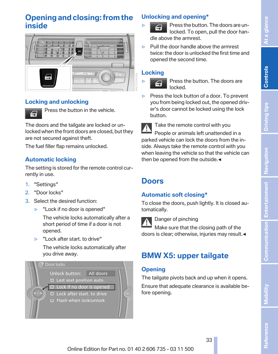 Opening and closing: from the inside, Doors, Bmw x5: upper tailgate | Central locking system | BMW 2012 X6M User Manual | Page 33 / 317