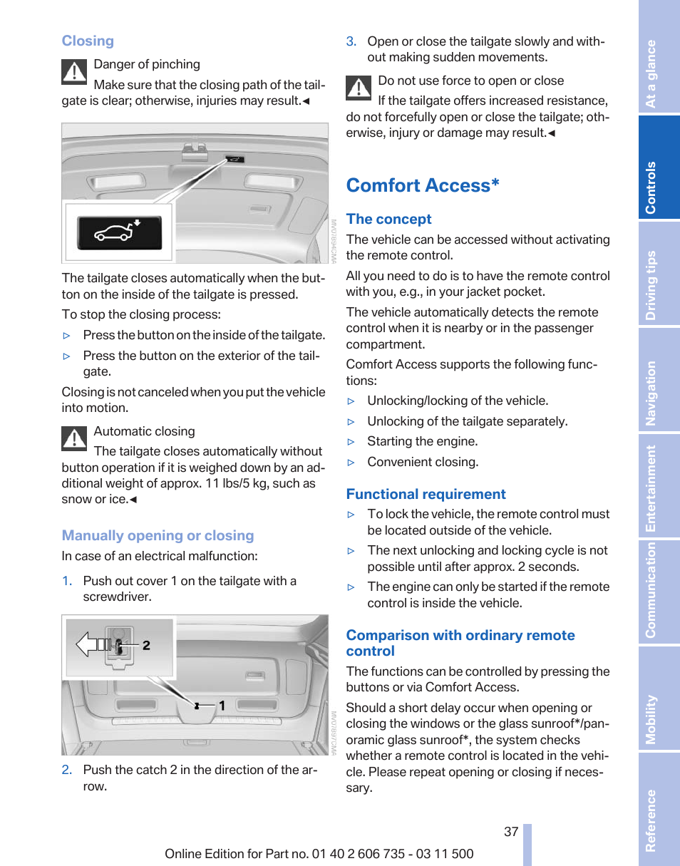 Comfort access | BMW 2012 X6M User Manual | Page 37 / 317