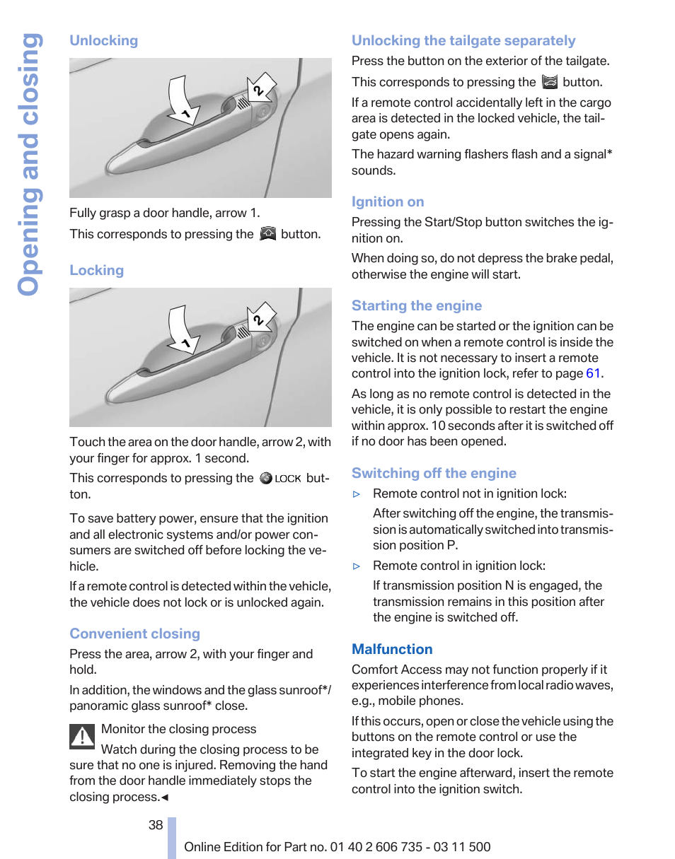 Opening and closing | BMW 2012 X6M User Manual | Page 38 / 317