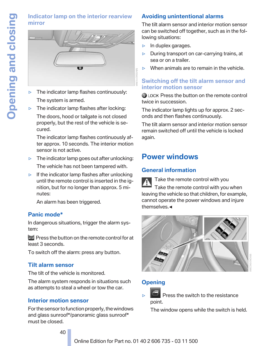 Power windows, Opening and closing | BMW 2012 X6M User Manual | Page 40 / 317