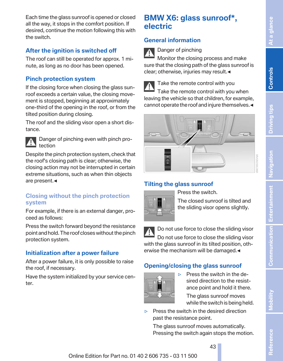 Bmw x6: glass sunroof, electric, Bmw x6: glass sunroof*, electric | BMW 2012 X6M User Manual | Page 43 / 317