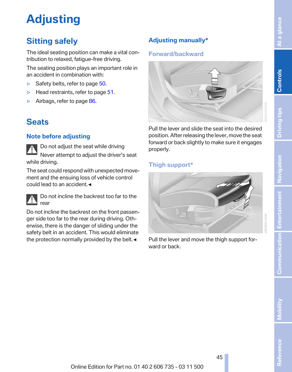 Adjusting, Sitting safely, Seats | BMW 2012 X6M User Manual | Page 45 / 317