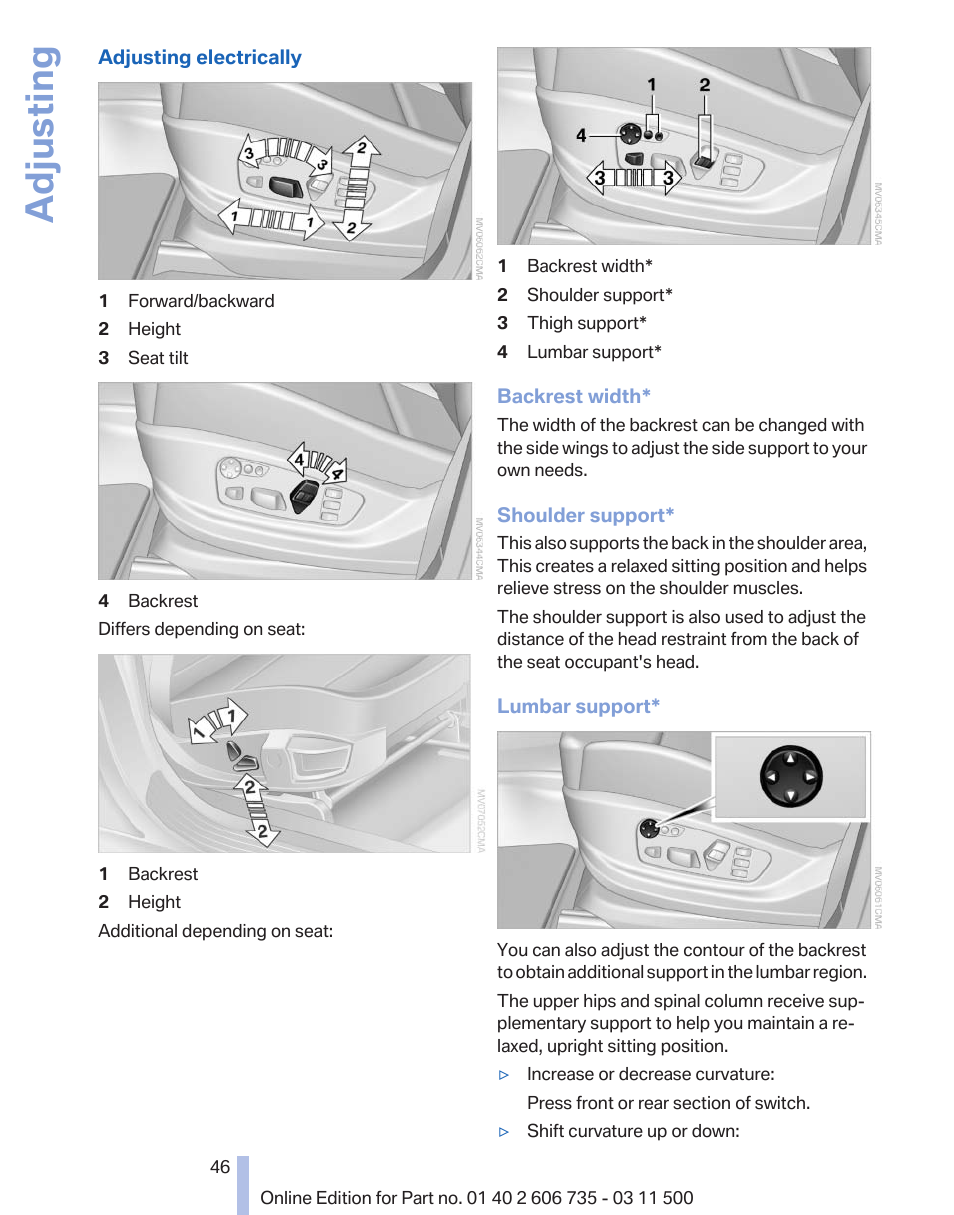 Adjusting | BMW 2012 X6M User Manual | Page 46 / 317