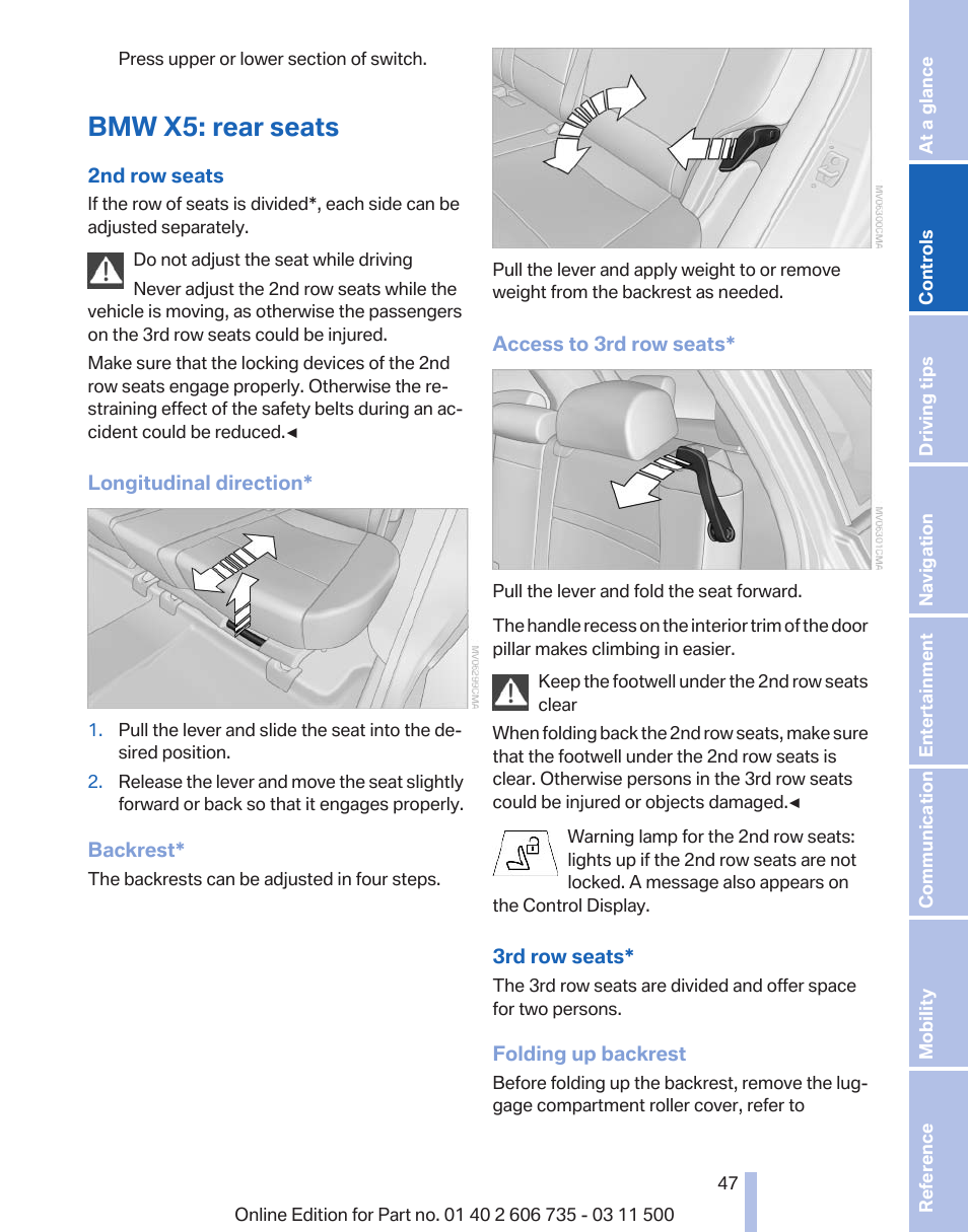 Bmw x5: rear seats | BMW 2012 X6M User Manual | Page 47 / 317