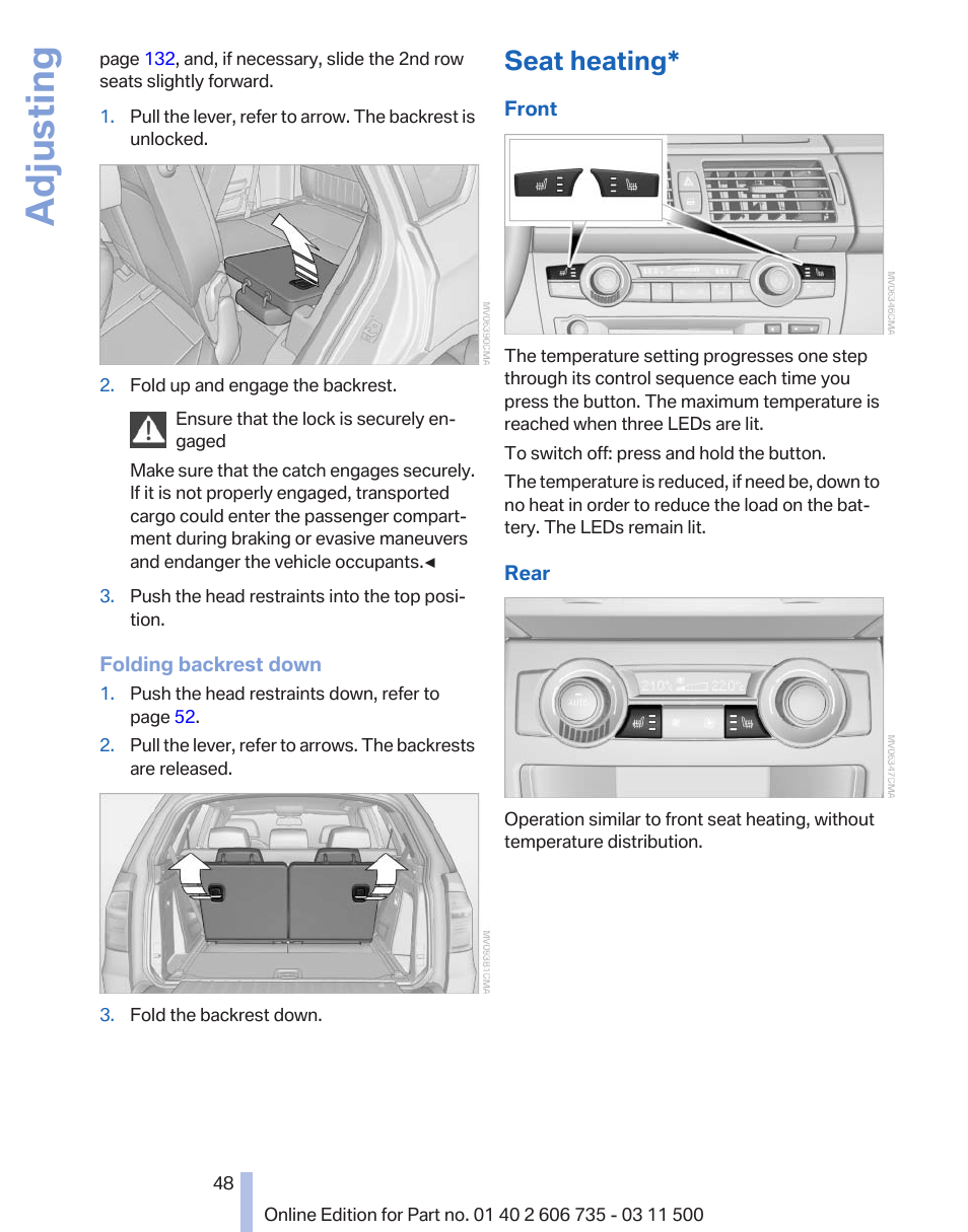 Seat heating, Adjusting | BMW 2012 X6M User Manual | Page 48 / 317