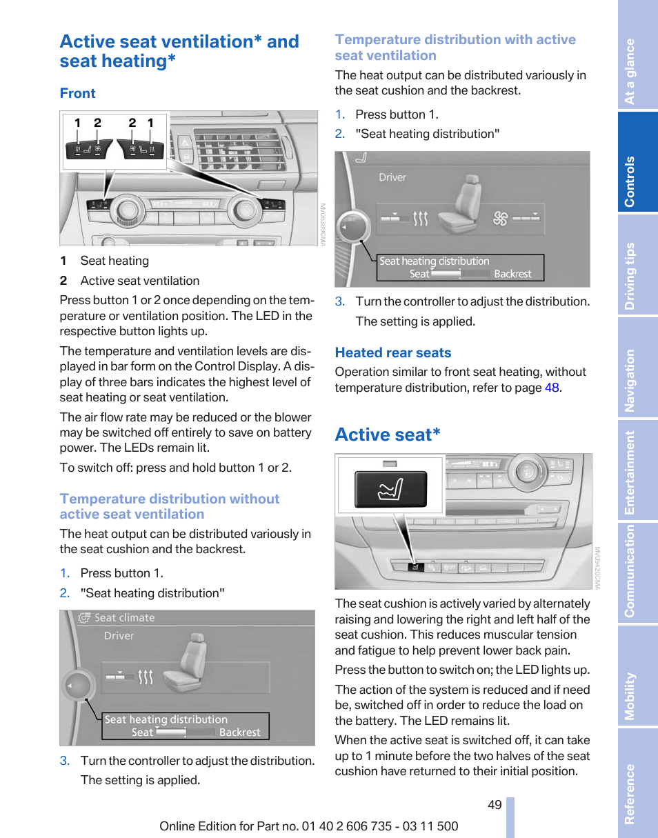 Active seat ventilation and seat heating, Active seat, Active seat ventilation* and seat heating | BMW 2012 X6M User Manual | Page 49 / 317