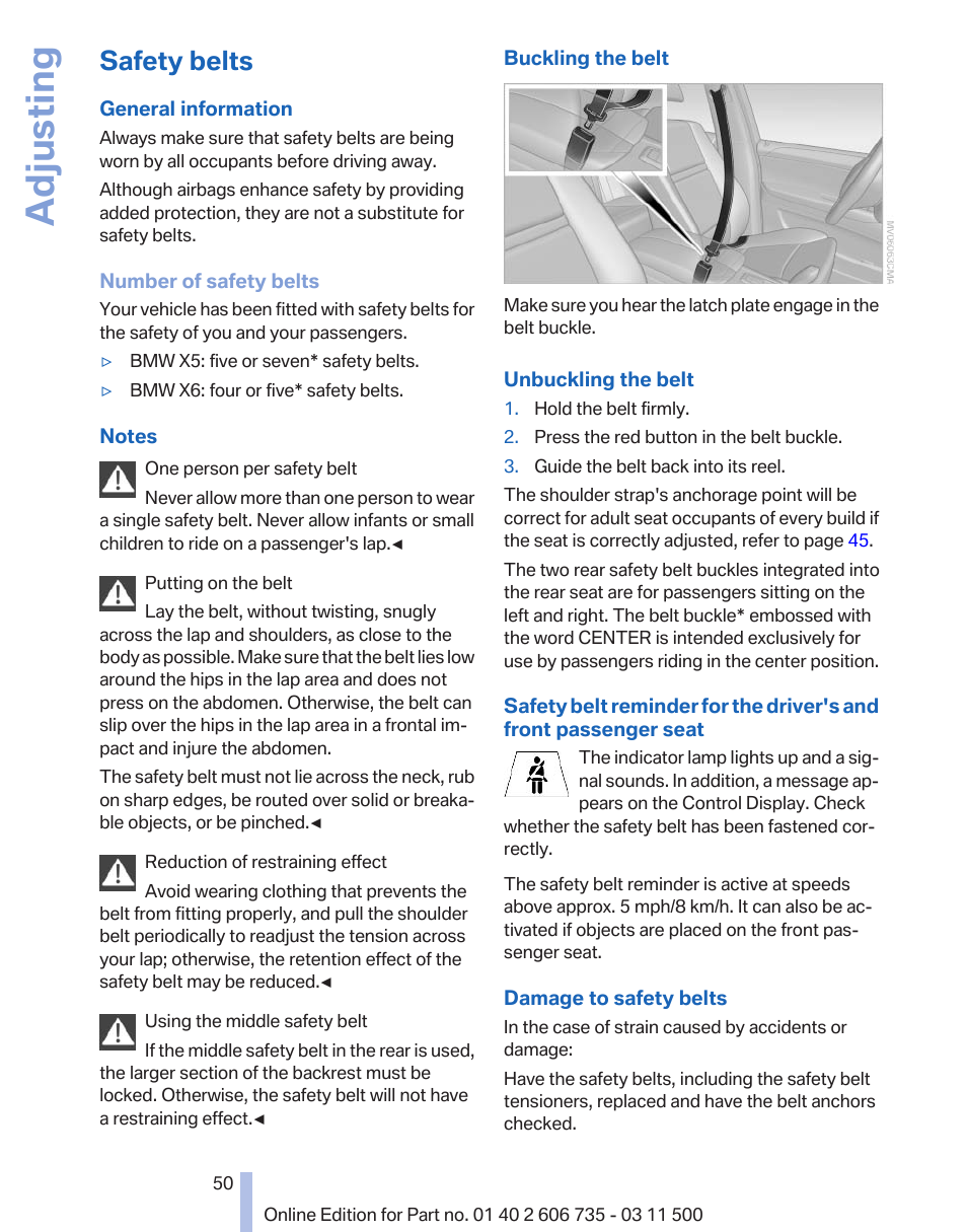 Safety belts, Adjusting | BMW 2012 X6M User Manual | Page 50 / 317