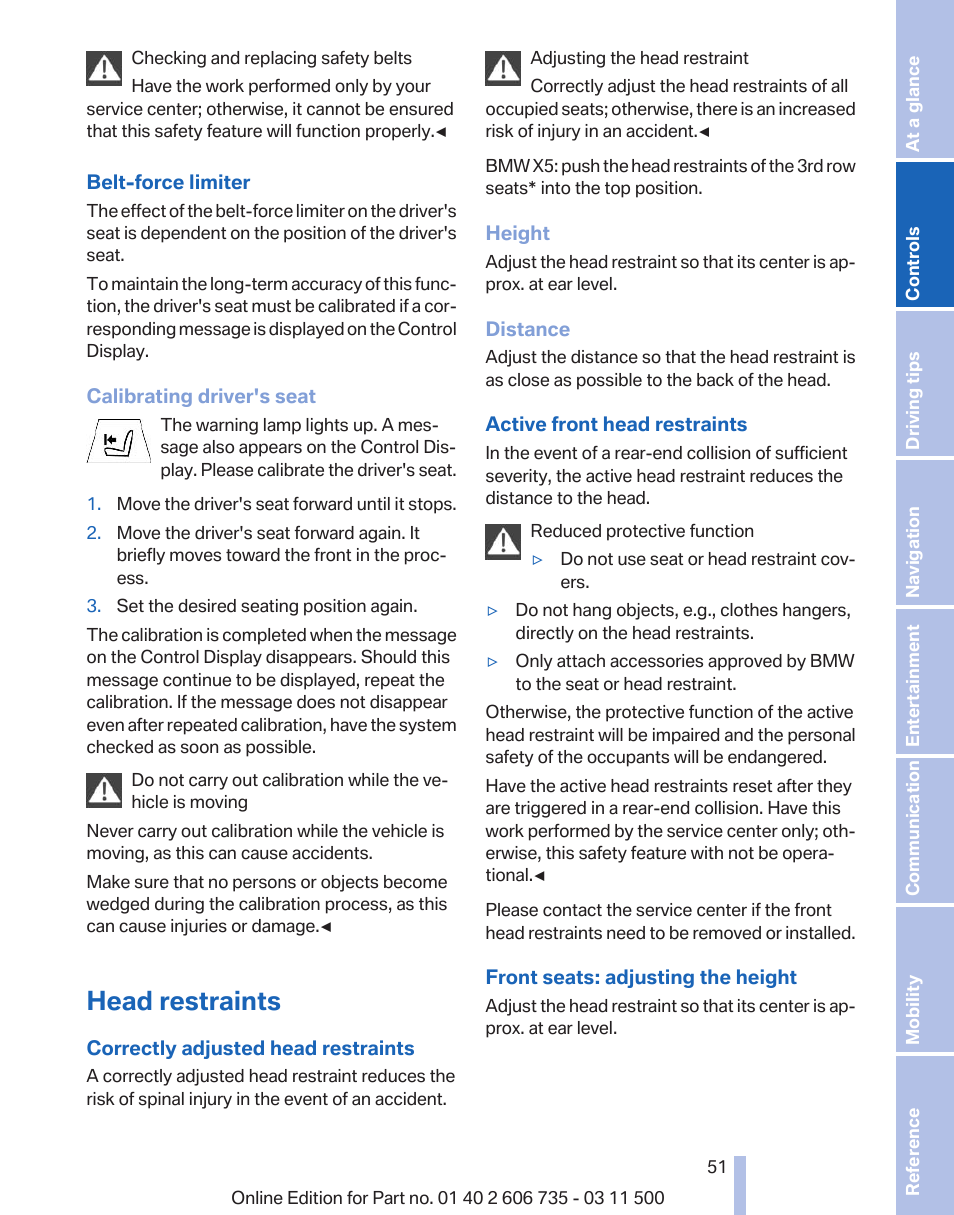 Head restraints | BMW 2012 X6M User Manual | Page 51 / 317