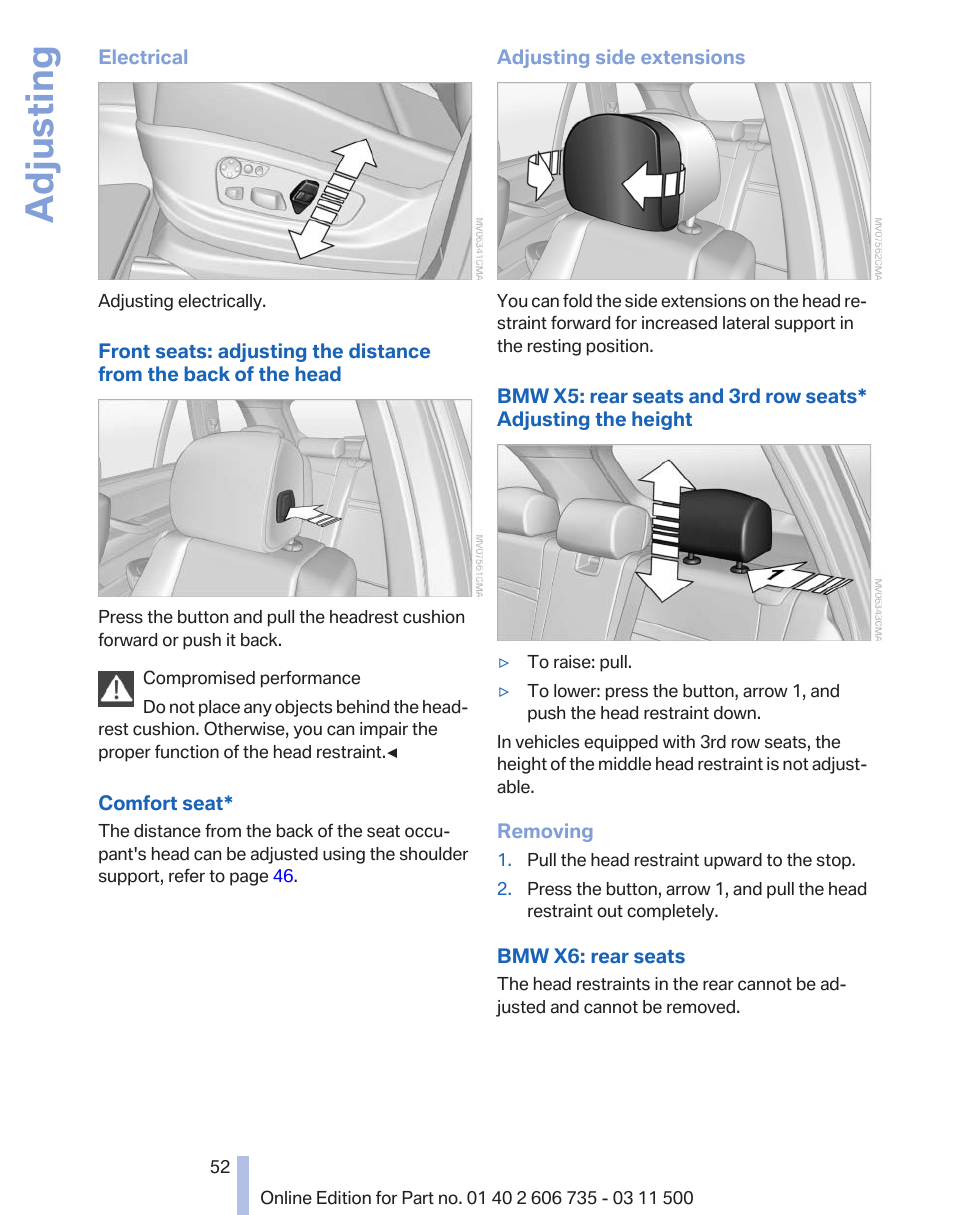 Adjusting | BMW 2012 X6M User Manual | Page 52 / 317