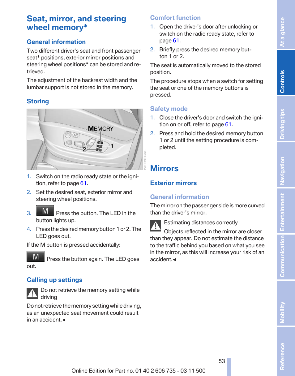 Seat, mirror, and steering wheel memory, Mirrors, Exterior mirror operation | BMW 2012 X6M User Manual | Page 53 / 317