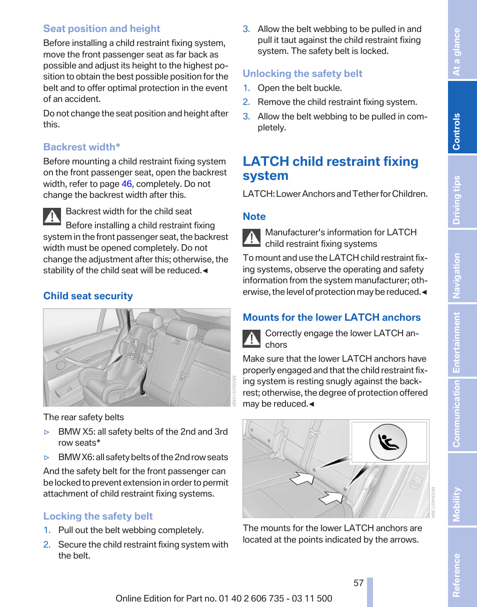 Latch child restraint fixing system | BMW 2012 X6M User Manual | Page 57 / 317